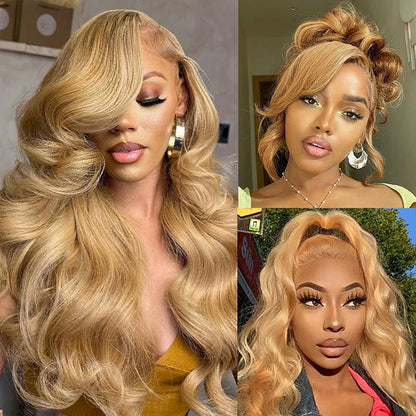 #27 Honey Blonde Color Invisible-Pull String 360 Lace Frontal Wigs Glueless HD Lace Wigs With Pre Plucked