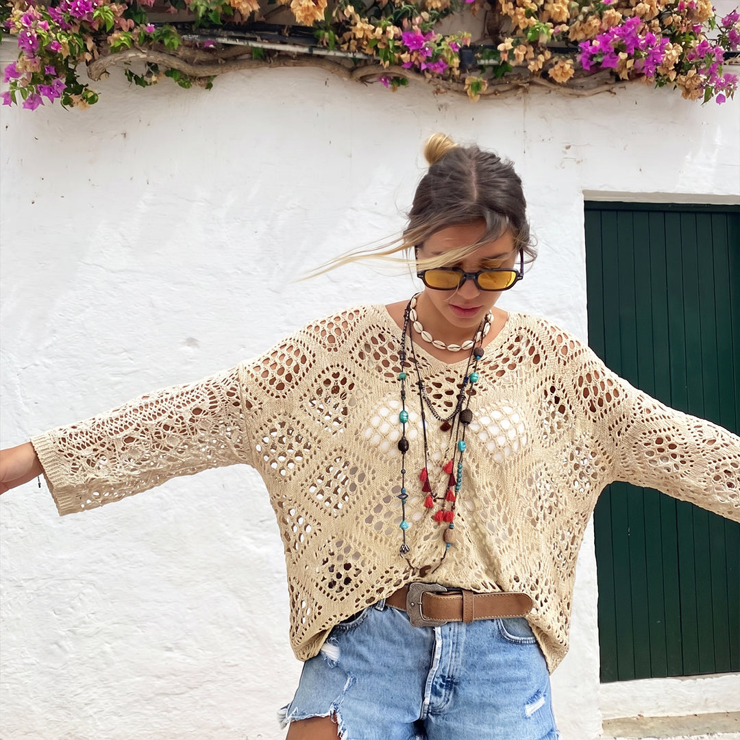 Inspired Beige Crochet Top with V-Neck
