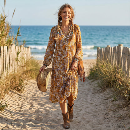 Bohemian Floral Puff Sleeve V-Neck Dress
