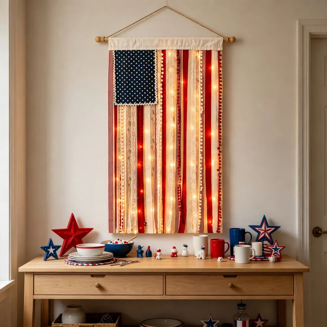 50% OFF🔥4 x 2.3 Ft Lighted Rag American Flag Banner🎆 USA 250th Celebration