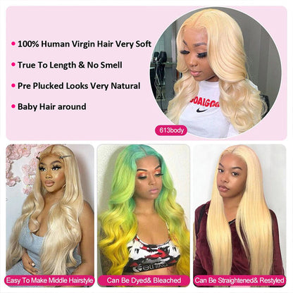 #613 Blonde Glueless Skin Like HD Lace Frontal Wig Body Wave Bleached Blonde Human Hair Wigs