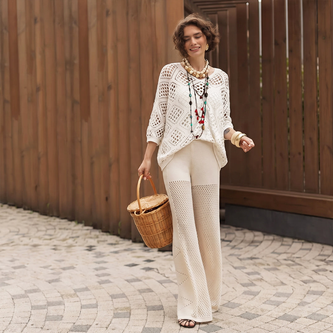 Inspired Beige Crochet Top with V-Neck