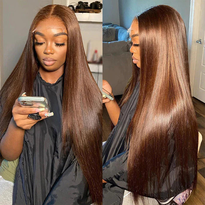 #4 Chocolate Brown 4x4/5x5 Invisible HD Lace Closure Human Hair Wigs With Pre Plucked Natural Hairline