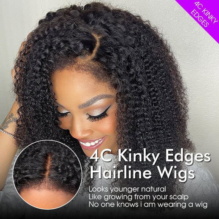 Type 4C Kinky Edges Hairline Glueless Wig Kinky Curly 13x6 Swiss HD Lace Wigs Human Hair