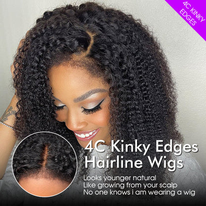 Type 4C Kinky Edges Hairline Glueless Wig Kinky Curly 13x6 Swiss HD Lace Wigs Human Hair