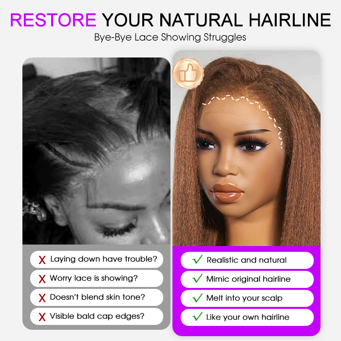 Glueless 4C Kinky Edges Hairline Kinky Straight Human Hair #30 Chestnut Brown Color 13x4/13x6 HD Transparent Lace Front Wigs