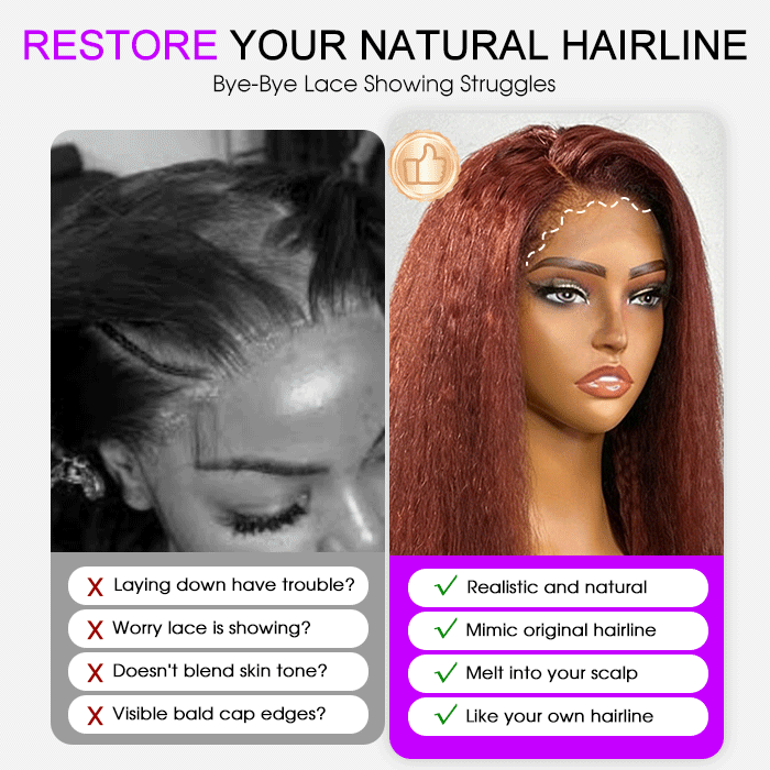 Glueless 4C Kinky Edges Wig #33 Reddish Brown Kinky Straight Human Hair Wigs For Black Women