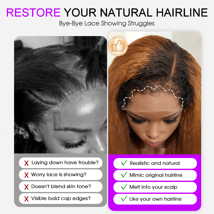 4C Kinky Edges Ombre Brown Color Kinky Straight Wigs Human Hair Pre Plucked HD Transparent 13x4 13x6 Lace Front Wigs with Drawstring Glueless Wig