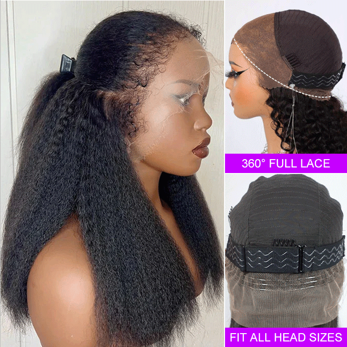 Glueless Kinky Straight Wig with Kinky Edge Hairline Fitted 13x6 360 HD Lace Human Hair Wigs For Women 220% Density