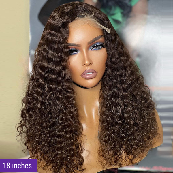 Brown Water Wave 5x5 Closure Lace Glueless Mid Part Long Wig 100% Human Hair  - US Only