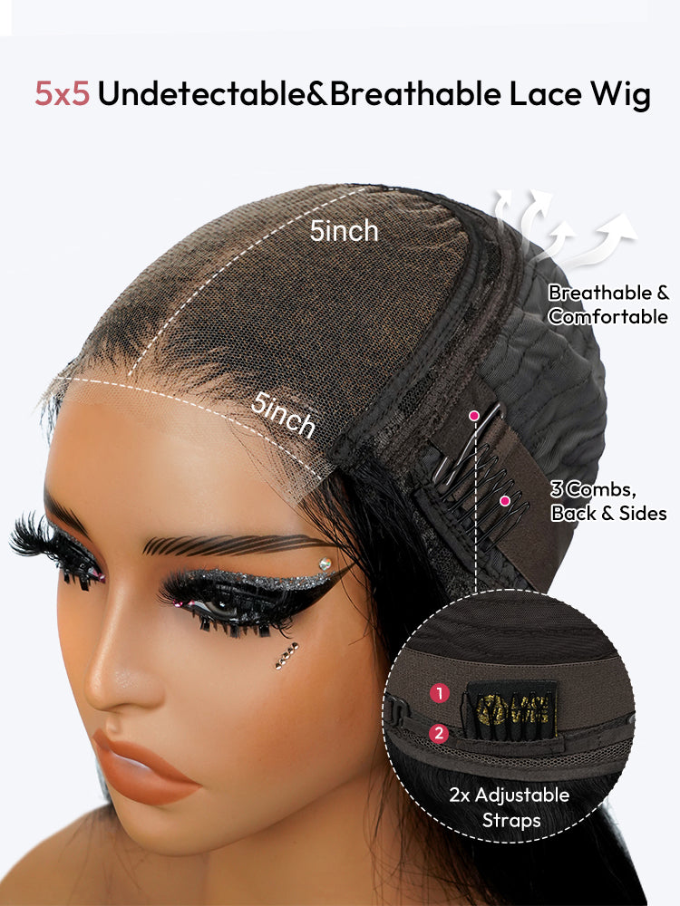 Vietnamese Hair Brown Ombre Straight Wig With Natural Black Roots Invisible 5x5 HD Lace Front Bob Wig 250% Density Voluminous Hair