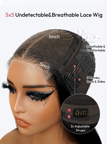 Vietnamese Hair Brown Ombre Straight Wig With Natural Black Roots Invisible 5x5 HD Lace Front Bob Wig 250% Density Voluminous Hair