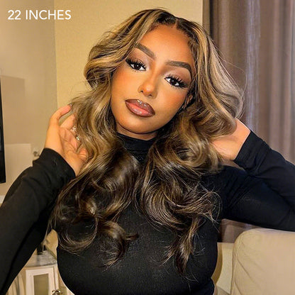 Honey Blonde Highlight Body Wave Lace Front Wigs Glueless HD Lace Human Hair Wig 220% Density