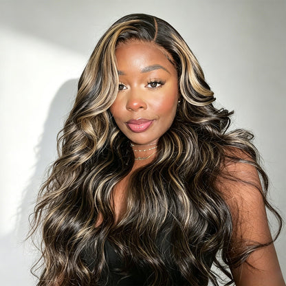 Honey Blonde Highlight Body Wave Lace Front Wigs Glueless HD Lace Human Hair Wig 220% Density