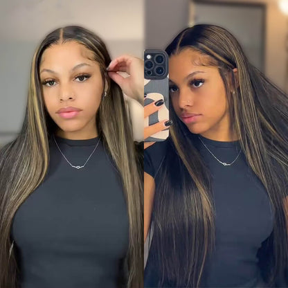 Honey Blonde Highlight Body Wave Lace Front Wigs Glueless HD Lace Human Hair Wig 220% Density