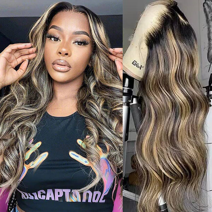 Honey Blonde Highlight Body Wave Lace Front Wigs Glueless HD Lace Human Hair Wig 220% Density