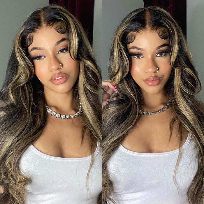 Honey Blonde Highlight Body Wave Lace Front Wigs Glueless HD Lace Human Hair Wig 220% Density