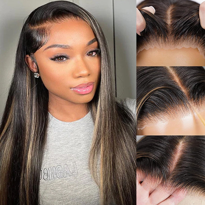 Honey Blonde Highlight Body Wave Lace Front Wigs Glueless HD Lace Human Hair Wig 220% Density