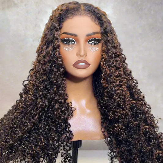 #1B/30 Balayage Highlights 4C Edges Curly Wig 13x6 Full HD Lace Pre Plucked Realistic Hairline Glueless Wig