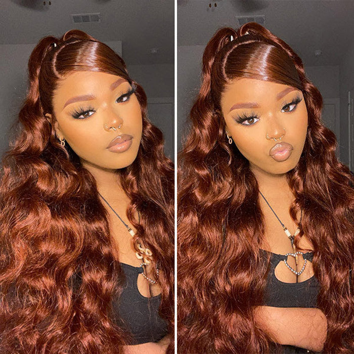 Reddish Brown Body Wave Glueless 13x4 Frontal Pre Cut HD Lace Wig Human Hair S M L Cap