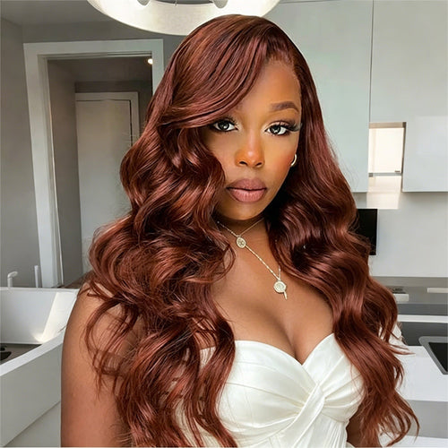 Reddish Brown Body Wave Glueless 13x4 Frontal Pre Cut HD Lace Wig Human Hair S M L Cap