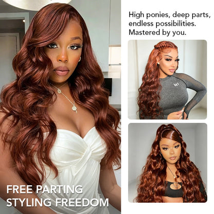 Reddish Brown Human Hair Body Wave Wigs 13X6 360 HD Lace Front Wigs Pre-Plucked Hairline