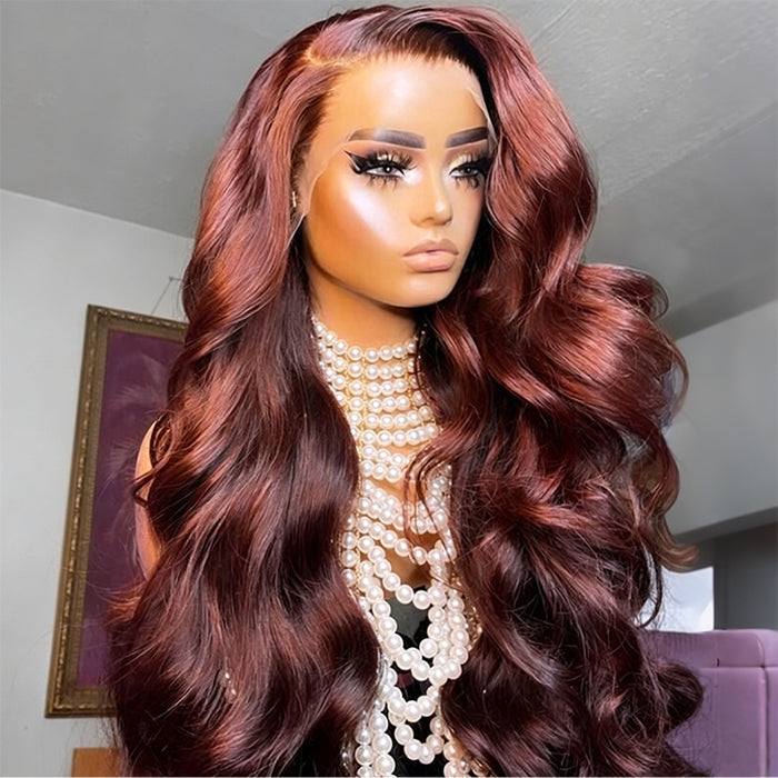 Reddish Brown Human Hair Body Wave Wigs 13X6 360 HD Lace Front Wigs Pre-Plucked Hairline