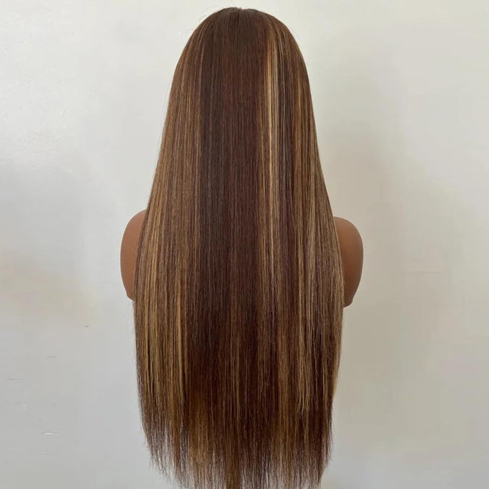 Pull Go Drawstring Wig Brown Highlight Straight Human Hair Glueless Wig with With 4c Curly Edges Hairline 13x4 13x6 Invisible HD Lace Front Wigs