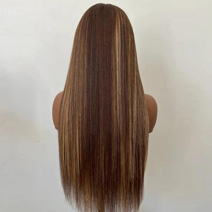 Pull Go Drawstring Wig Brown Highlight Straight Human Hair Glueless Wig with With 4c Curly Edges Hairline 13x4 13x6 Invisible HD Lace Front Wigs
