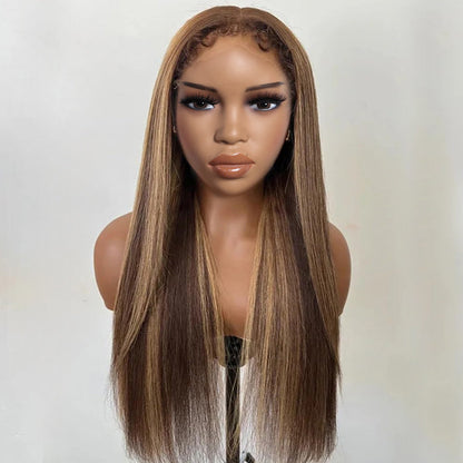 Pull Go Drawstring Wig Brown Highlight Straight Human Hair Glueless Wig with With 4c Curly Edges Hairline 13x4 13x6 Invisible HD Lace Front Wigs