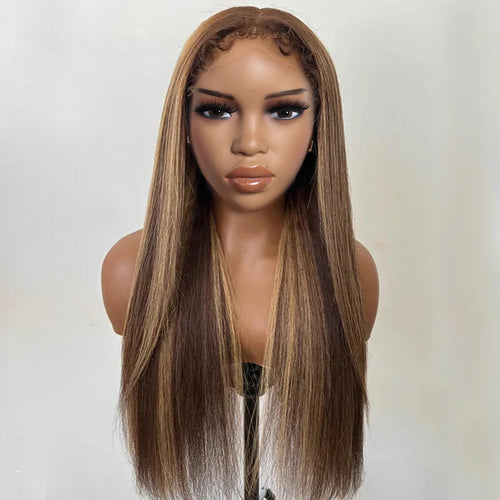 Pull Go Drawstring Wig Brown Highlight Straight Human Hair Glueless Wig with With 4c Curly Edges Hairline 13x4 13x6 Invisible HD Lace Front Wigs