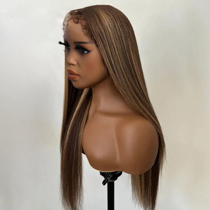 Pull Go Drawstring Wig Brown Highlight Straight Human Hair Glueless Wig with With 4c Curly Edges Hairline 13x4 13x6 Invisible HD Lace Front Wigs