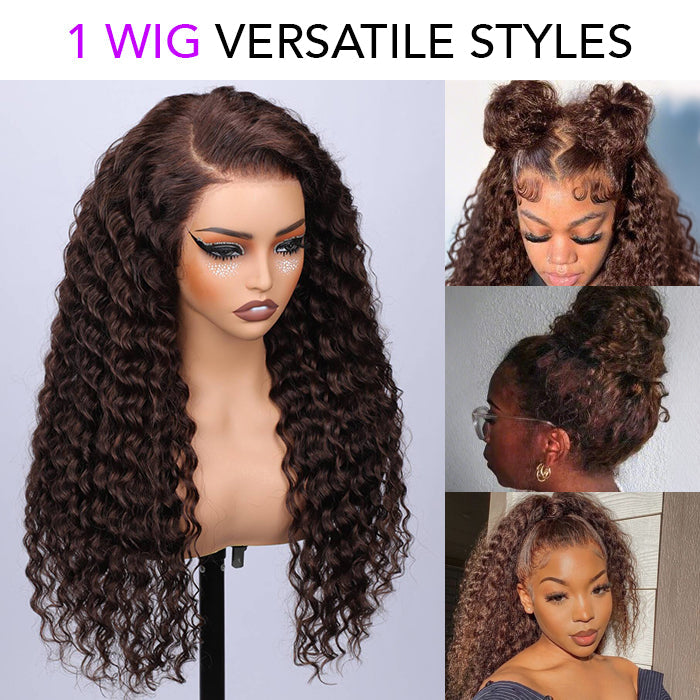 Glueless Invisi-String Snug Fit 360 HD Lace Frontal #4 Chocolate Brown Deep Wave Put on & Go Wigs