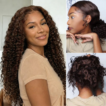 Glueless Invisi-String Snug Fit 360 HD Lace Frontal #4 Chocolate Brown Deep Wave Put on & Go Wigs