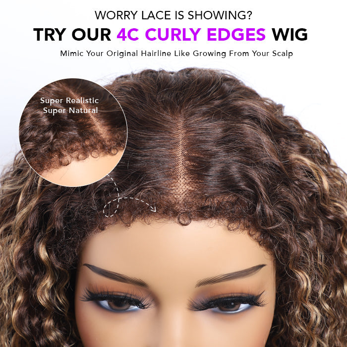 Glueless 4c Edge Blonde Highlight Curly Human Hair Lace Wig 13X4 13X6 Undetectable HD Lace Front Wig