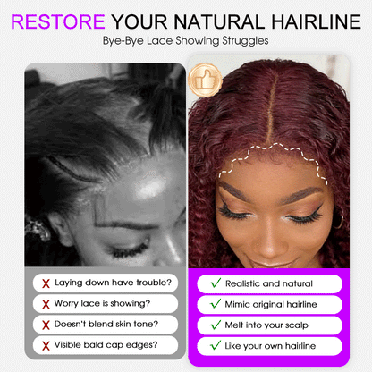 4C Curly Edges Hairline Wig 99J Burgundy Color 13x6 Full HD Lace Glueless Human Hair Curly Wigs