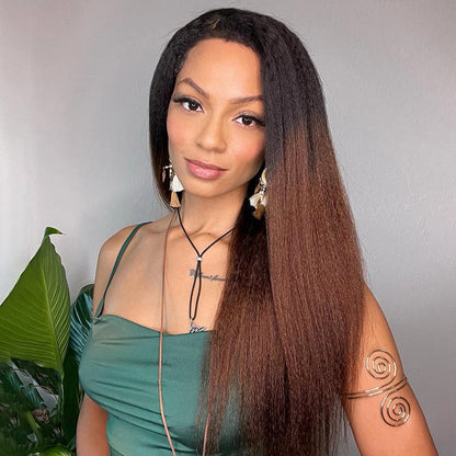 Kinky Edges Ombre Auburn Color Kinky Straight Wig Glueless HD Lace Human Hair Wig For Black Women