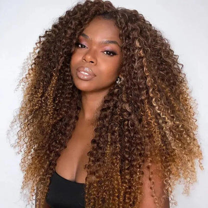 300 Density Luxury Curly Wig Ombre Auburn Brown 100% Human Hair Swiss 13x4 Lace Front Glueless Wig