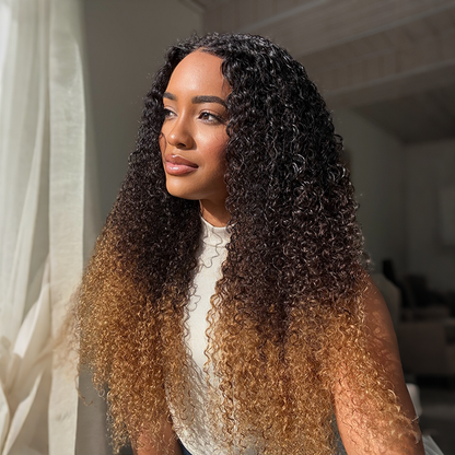 Luxury Curly Wig Ombre Brown 100% Human Hair Swiss 13x6 HD Lace Frontal Glueless Wig For Women