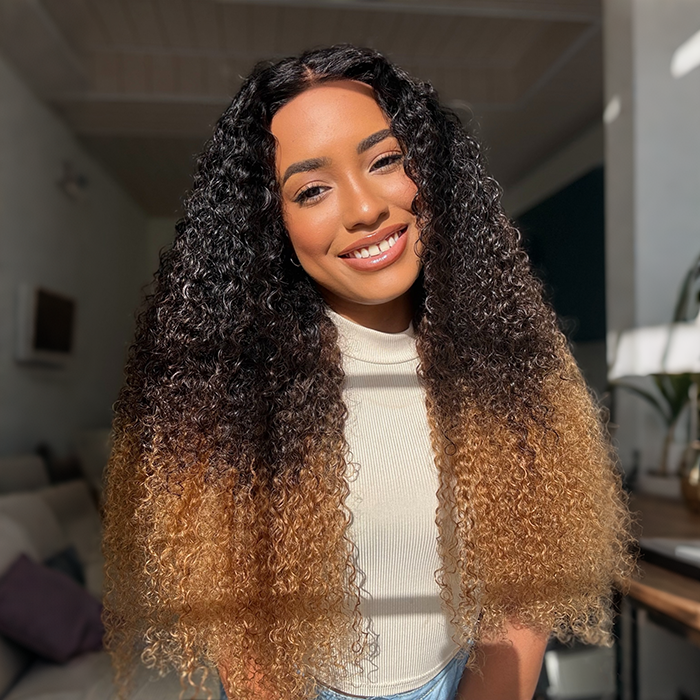Luxury Curly Wig Ombre Brown 100% Human Hair Swiss 13x6 HD Lace Frontal Glueless Wig For Women