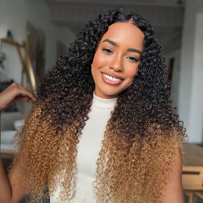 Luxury Curly Wig Ombre Brown 100% Human Hair Swiss 13x6 HD Lace Frontal Glueless Wig For Women