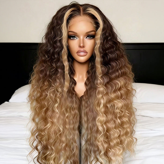 Ombre Brown To Blonde 220 Density Deep Wave Lace Front Wigs Pre plucked Highlight Glueless Human Hair Wigs For Women
