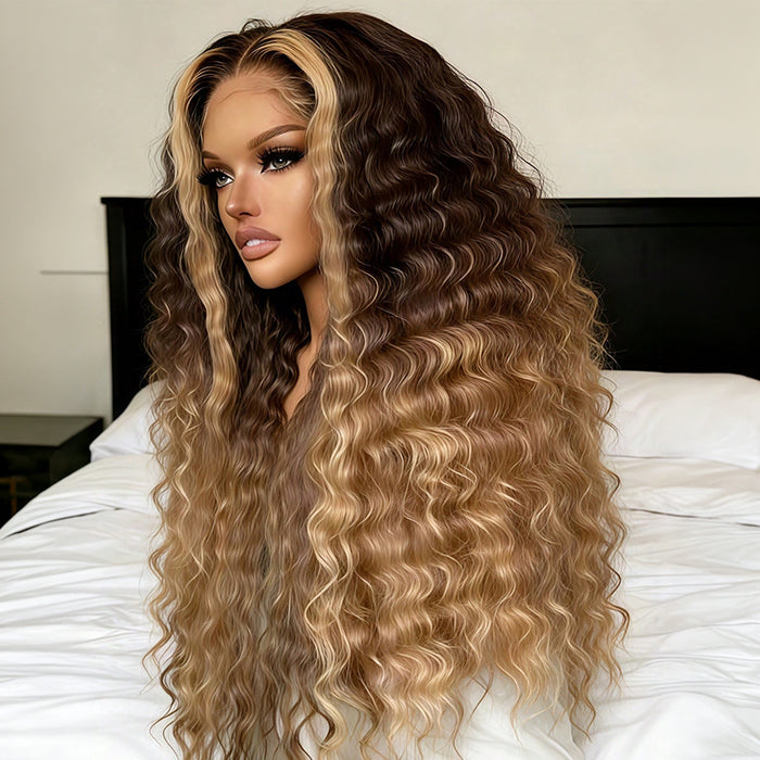 Ombre Brown To Blonde 220 Density Deep Wave Lace Front Wigs Pre plucked Highlight Glueless Human Hair Wigs For Women