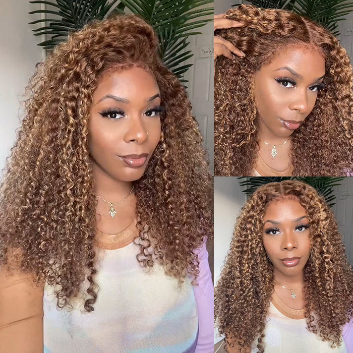 Glueless 4c Edge Blonde Highlight Curly Human Hair Lace Wig 13X4 13X6 Undetectable HD Lace Front Wig