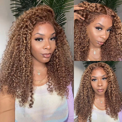 Glueless 4c Edge Blonde Highlight Curly Human Hair Lace Wig 13X4 13X6 Undetectable HD Lace Front Wig