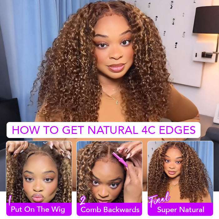 Glueless 4c Edge Blonde Highlight Curly Human Hair Lace Wig 13X4 13X6 Undetectable HD Lace Front Wig