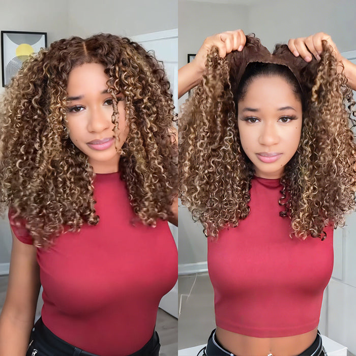 Glueless 4c Edge Blonde Highlight Curly Human Hair Lace Wig 13X4 13X6 Undetectable HD Lace Front Wig