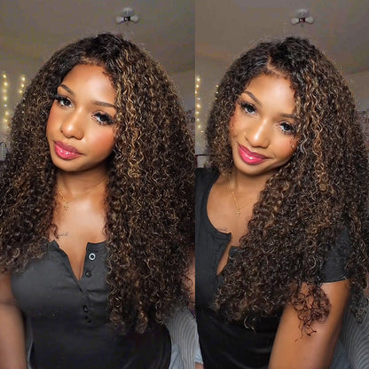 Brown Highlight Human Hair Curly Wigs with 4C Curly Edges Hairline Glueless 13x6 Full HD Lace Frontal Wig