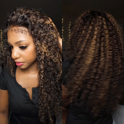 Brown Highlight Human Hair Curly Wigs with 4C Curly Edges Hairline Glueless 13x6 Full HD Lace Frontal Wig