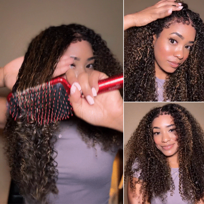Brown Highlight Human Hair Curly Wigs with 4C Curly Edges Hairline Glueless 13x6 Full HD Lace Frontal Wig